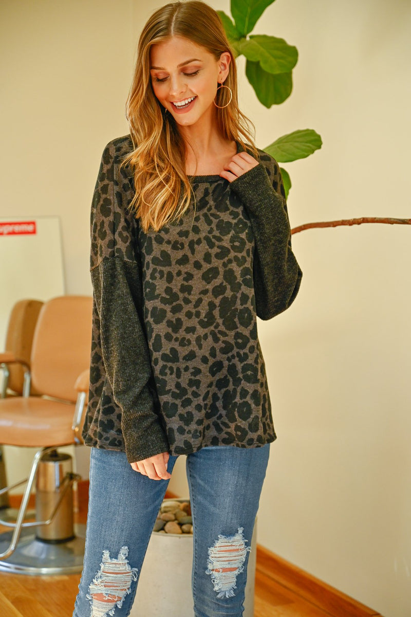Hacci Brushed Contrast Sleeves Boat Neck Leopard Top