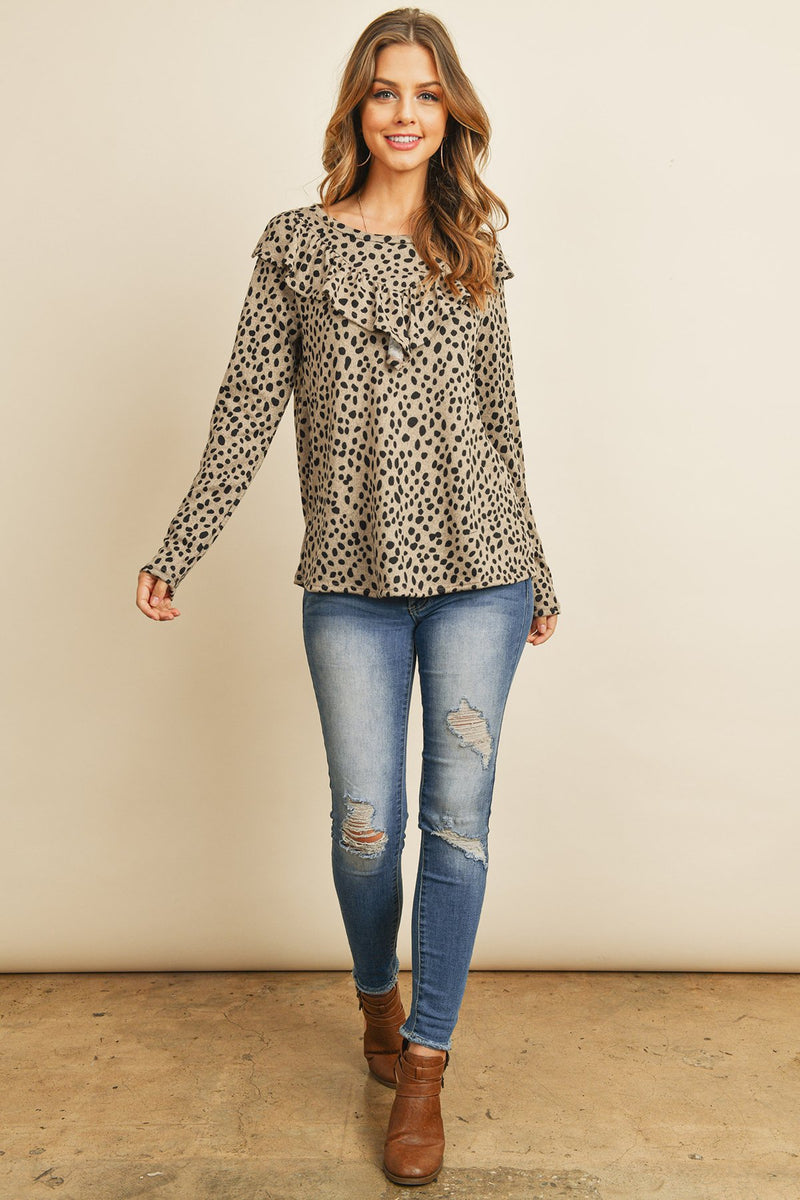 Brushed Hacci Leopard V-Shaped Ruffle Detail Top