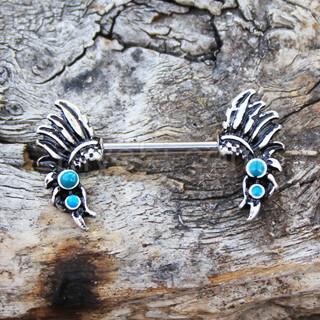 316L Stainless Steel Turquoise Feather Headdress Nipple Bar