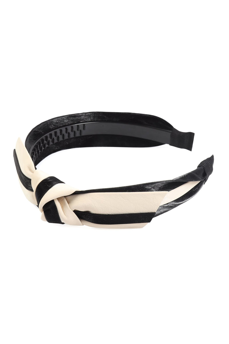 Hdh3137bk - Striped Leather Bow Fashion Headband