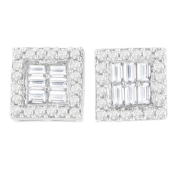 14K White Gold 1 Cttw Round and Baguette Diamond Stud Earrings (H-I, SI1-SI2)