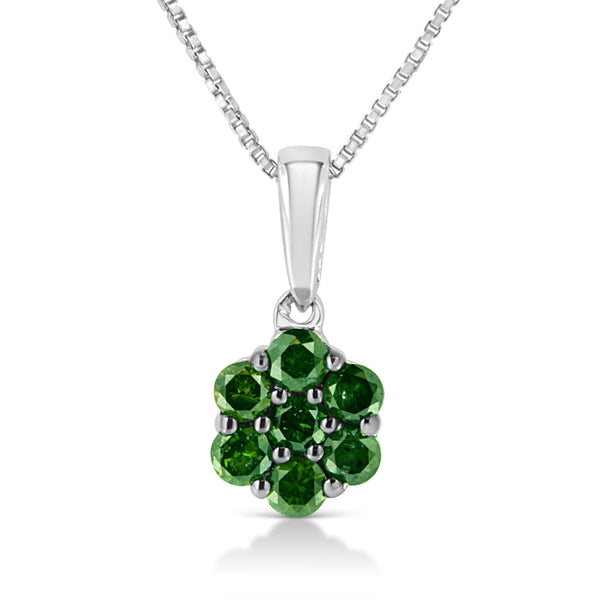 .925 Sterling Silver 1/2 Cttw Prong Set Treated Green Diamond Floral Cluster 18" Pendant Necklace (Green Color, I1-I2 Cl