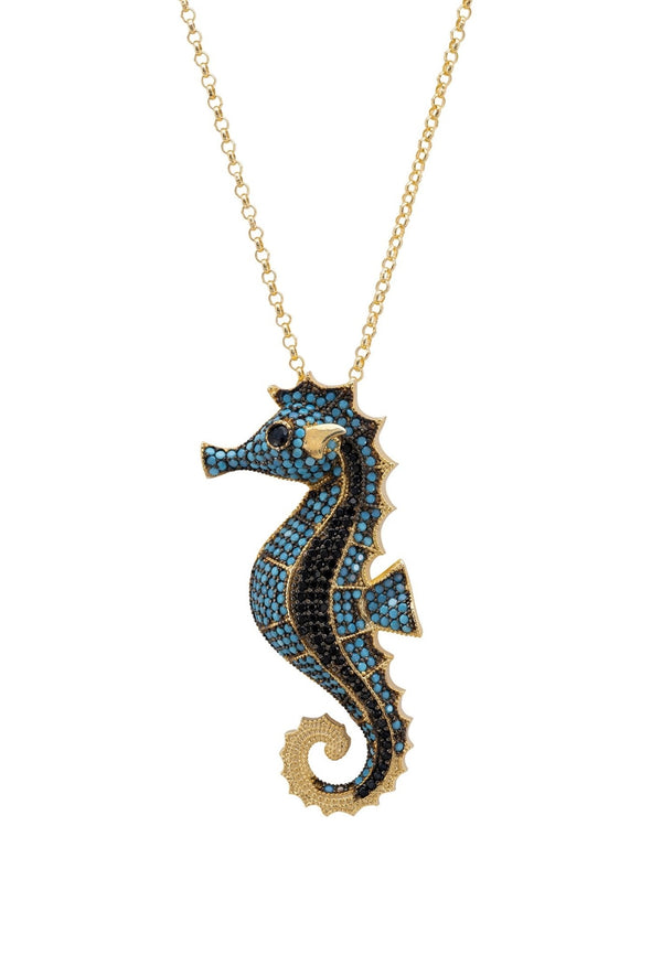 Seahorse Pendant Necklace Gold Turquoise