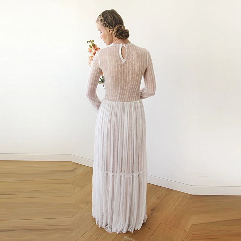 Modest Lace Wedding Dress, Gentle Stripes Pattern Maxi Dress 1209
