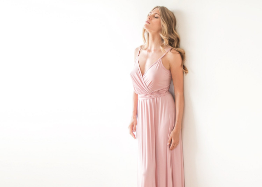 Pink Wrap Maxi Dress,spaghetti Stripes Dress With High Slit SALE 1060