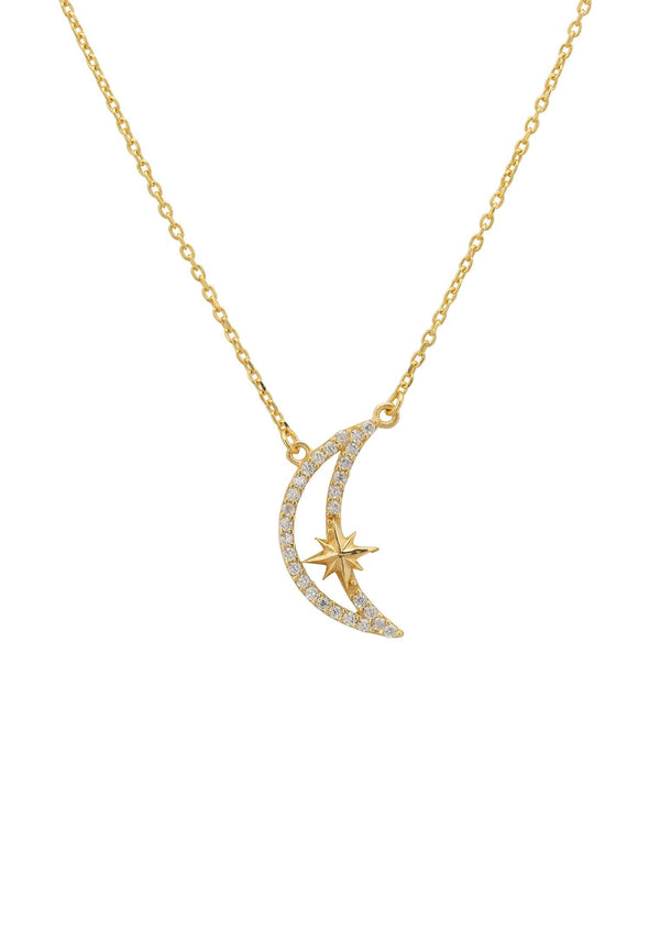 Sparkling Crescent Moon and Star Necklace Gold