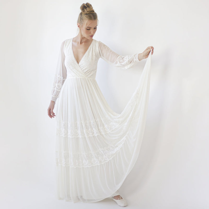 Bestseller Ivory Wrap Lace Wedding Dress With Chiffon Mesh Sleeves #1352