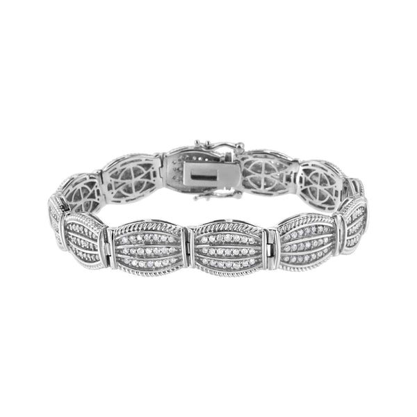 .925 Sterling Silver 3 Cttw Diamond Art-Deco Style Link Bracelet (I-J, I2-I3) - Size 7.25"