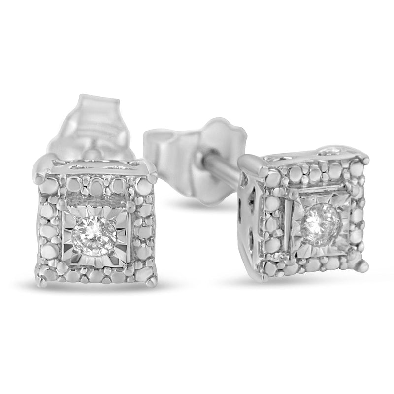 .925 Sterling Silver 1/10 Cttw Round Brilliant-Cut Near Colorless Diamond Miracle-Set Beaded Square Stud Earrings (H-I C