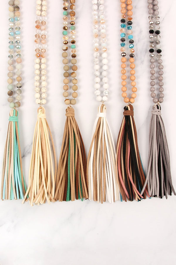 Colorful Natural Stone Glass Beads Leather Tassel Necklace