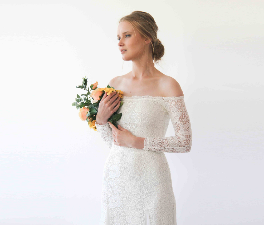 Ivory Off Shoulder Wedding Maxi Dress #1228