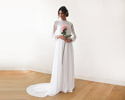 High Neck & Open Back Wedding Dress, Ivory Train Dress With Open Back 1181