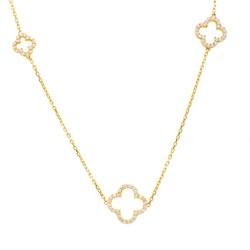 Open Clover Long White CZ Necklace Gold