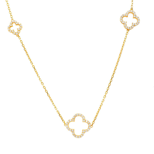 Open Clover Long White CZ Necklace Gold
