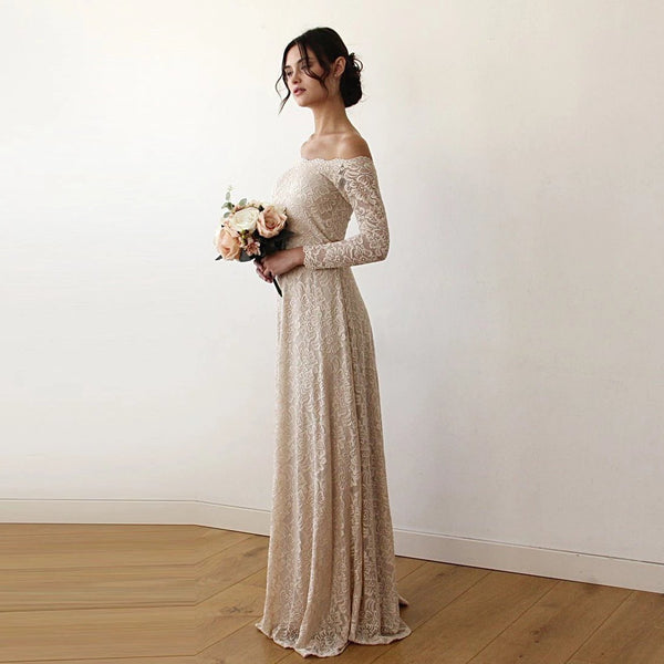 Champagne Off-The-Shoulder Floral Lace Medium-Long Sleeve Maxi Dress 1119