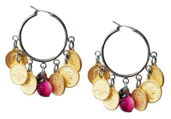 Hoop Earrings With Gold Coins and Pink Agate Stones.