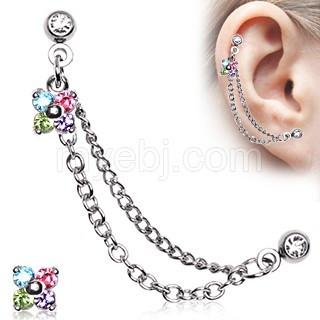 316L Surgical Steel Flower CZ Double Chained Cartilage Earring