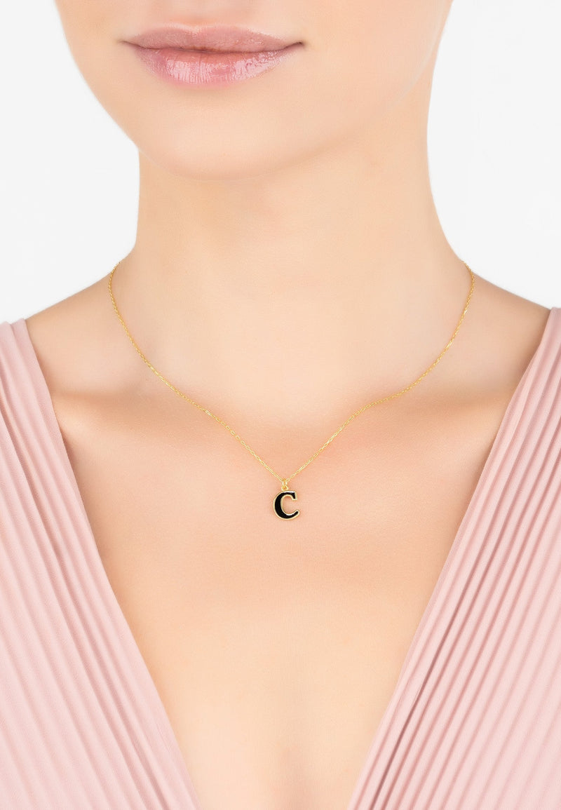 Initial Enamel Necklace Gold C