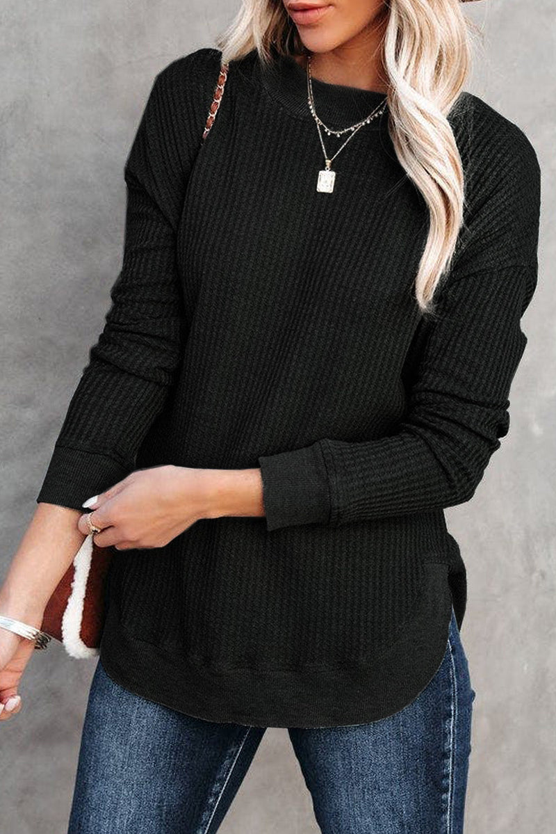Isabelle Crew Neck Ribbed Trim Waffle Knit Top