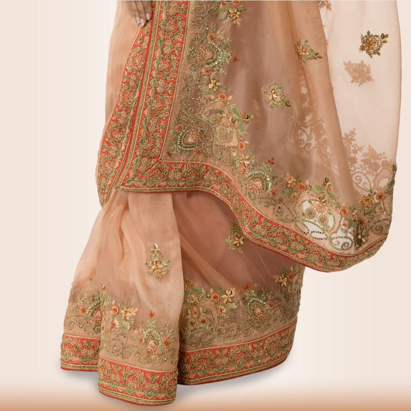 Organza Sari With Hand Embroidery - Biege