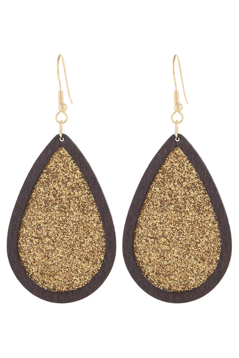 Hde3061 - Glitter Wood Teardrop Hook Earrings