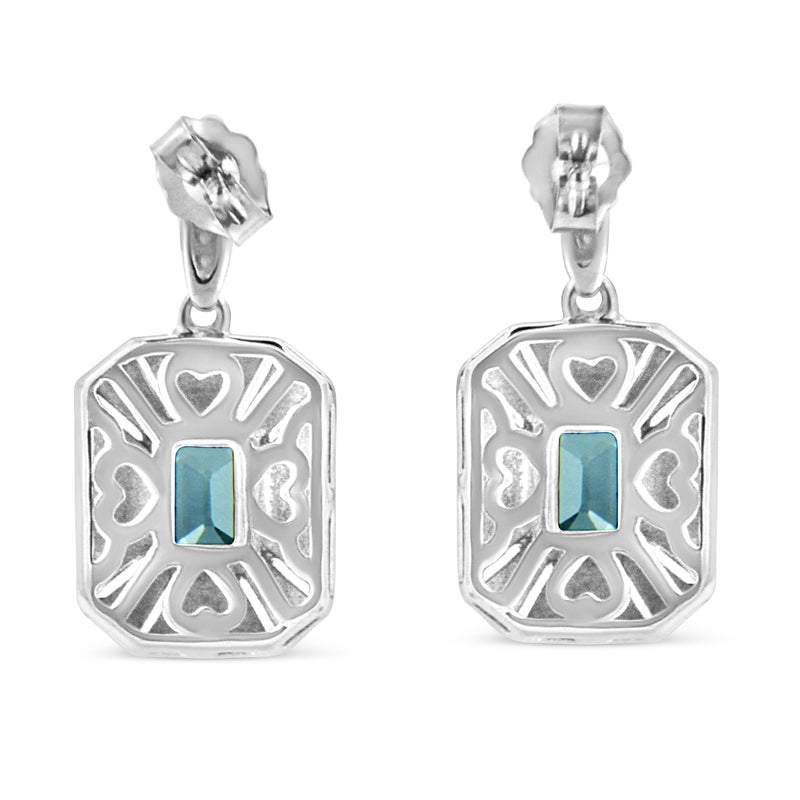 .925 Sterling Silver 7x5MM Emerald Shape Blue Topaz and Diamond Accent Art Deco Halo Style Drop and Dangle Earrings (I-J