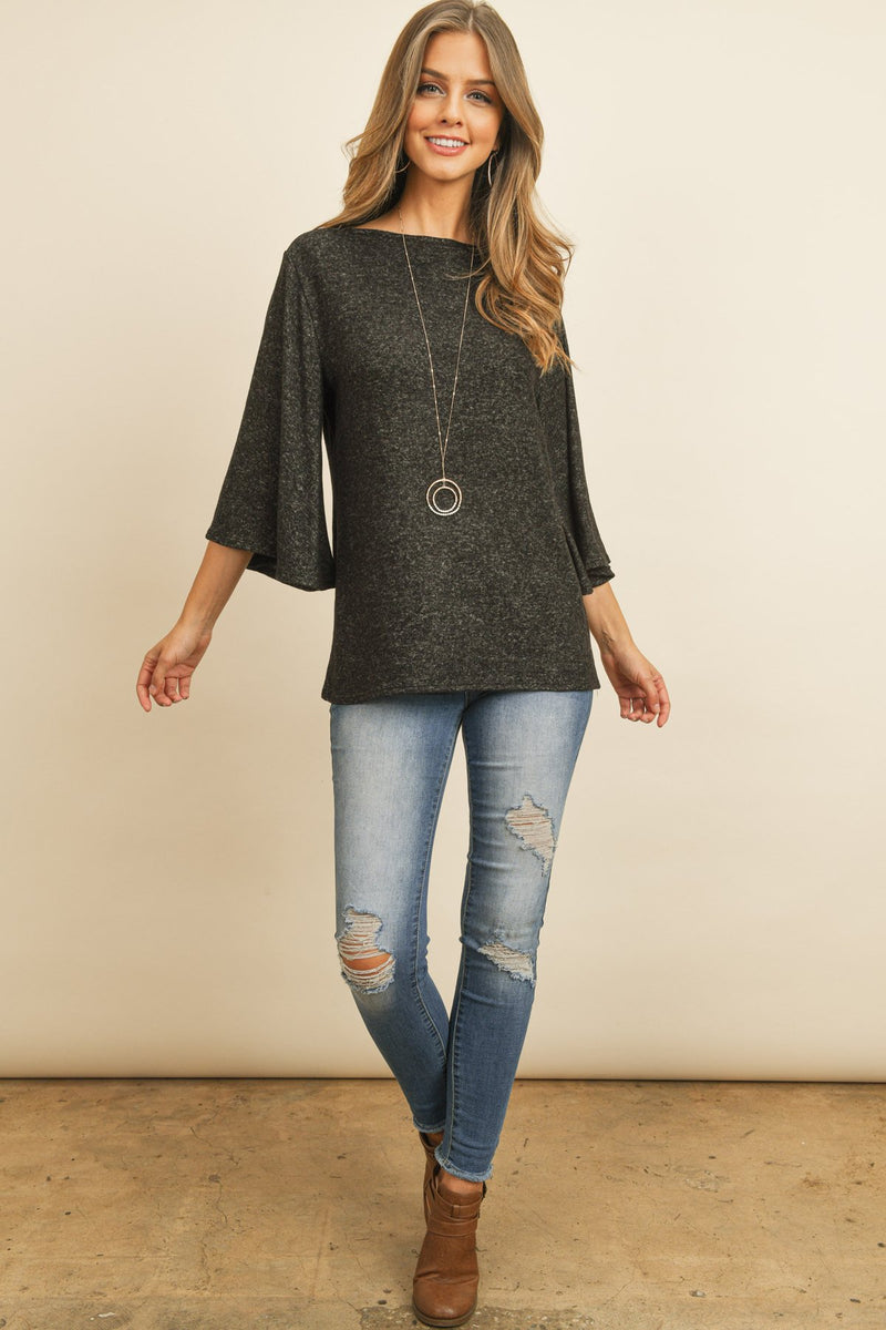 Boat Neck Bell Sleeve Solid Hacci Brushed Top