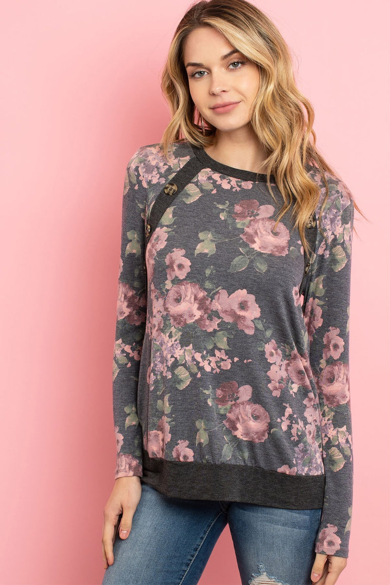 Button Detail Long Sleeved Floral Print Top