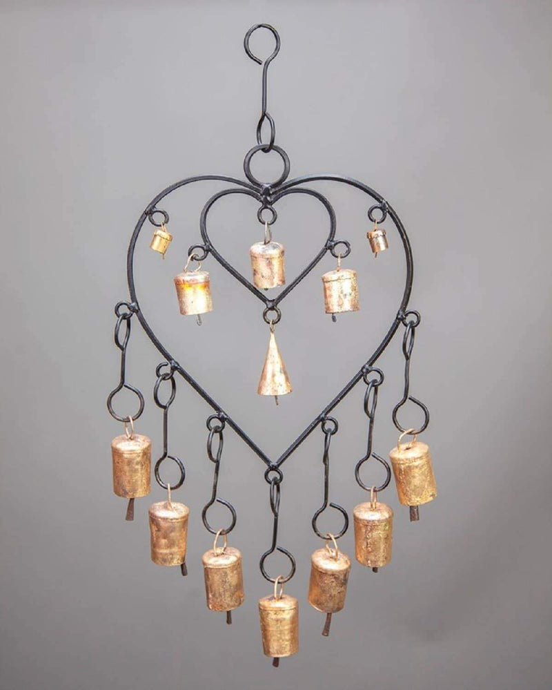 Double Heart Chime Hanging Brass Bells for Wall Decor