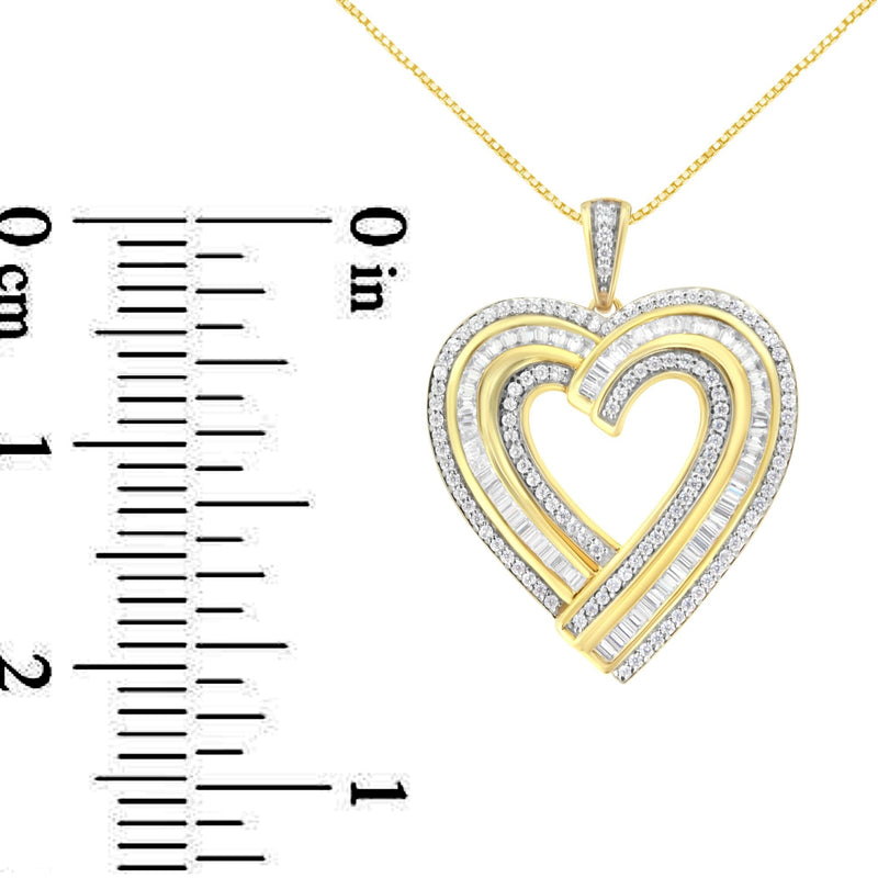 14K Yellow Gold Plated .925 Sterling Silver 1 3/8 Cttw Baguette Diamond Composite Heart 18" Inch Pendant (I-J Color, I1-