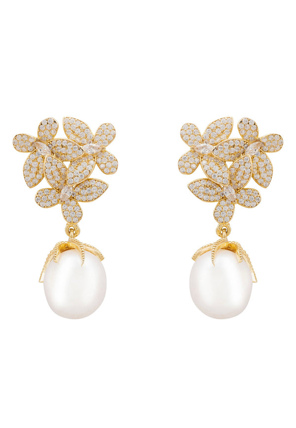 Flowers Baroque Pearl Earrings Gold White