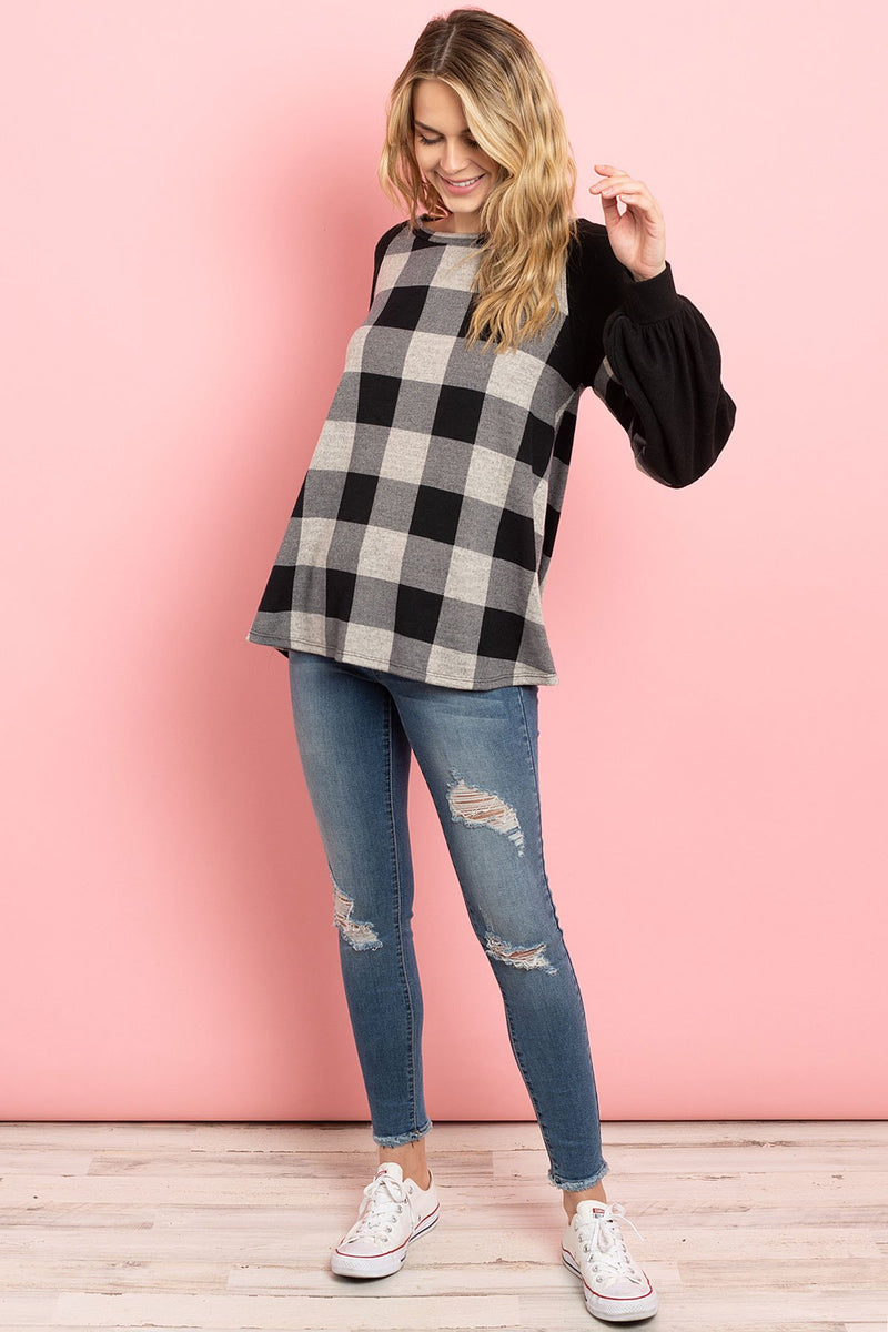 Solid Contrast Puff Sleeves Plaid Top