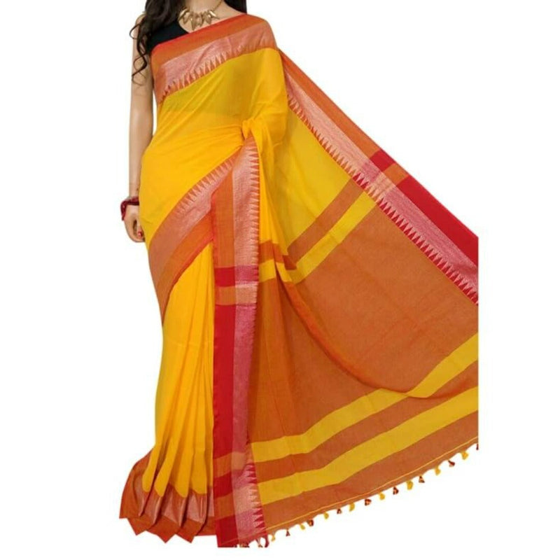 Handloom Cotton Saree With Jari Border- Yellow