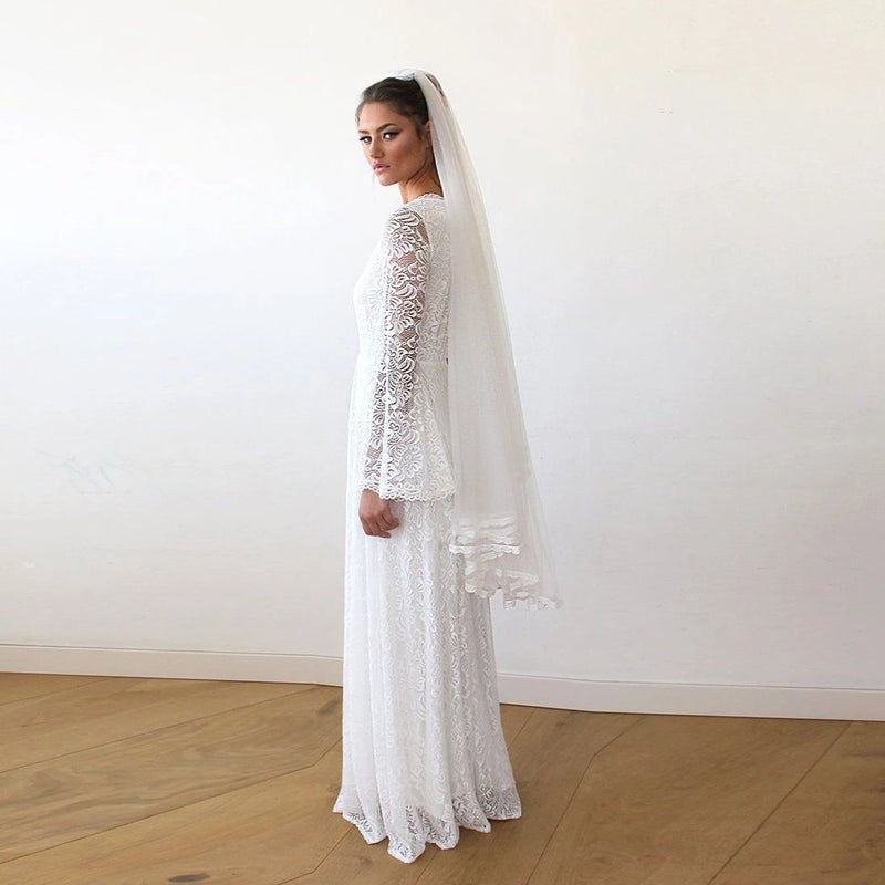 Full Lace Bell Sleeves Wedding Maxi Dress in Ivory 1167