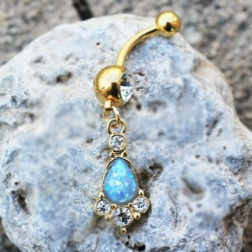 Gold Light Blue Tear Drop Synthetic Opal Dangle Navel Ring
