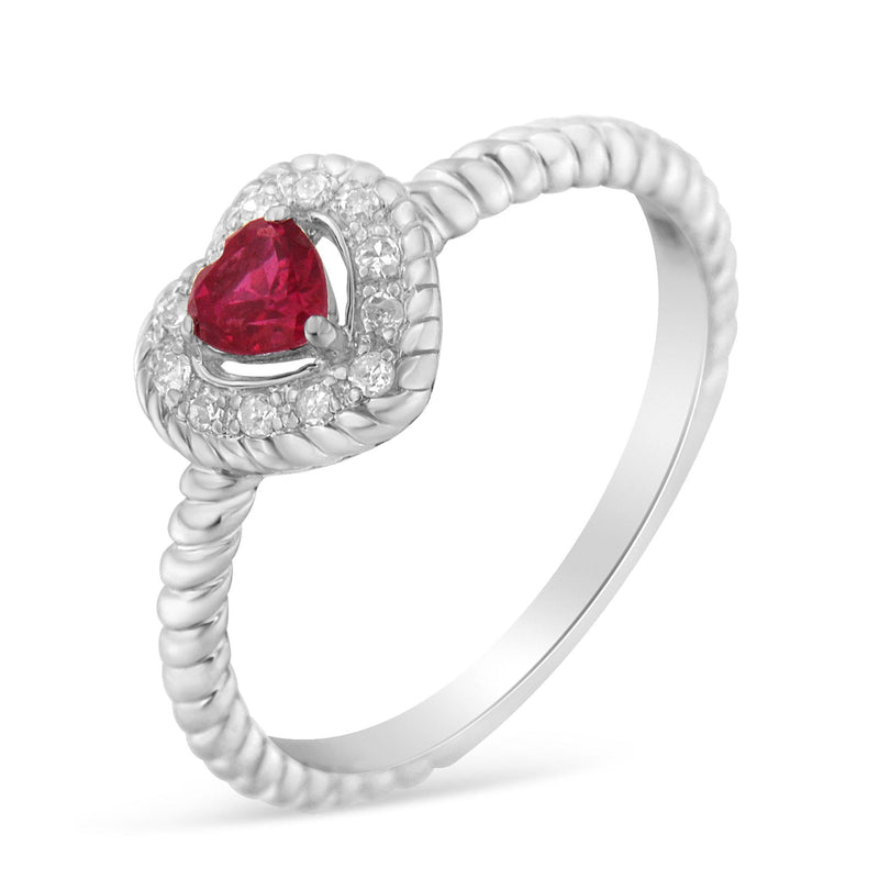 Sterling Silver 4MM Lab Created Ruby Heart and Diamond Accent Heart Ring (I-J, I2-I3) - Size 8