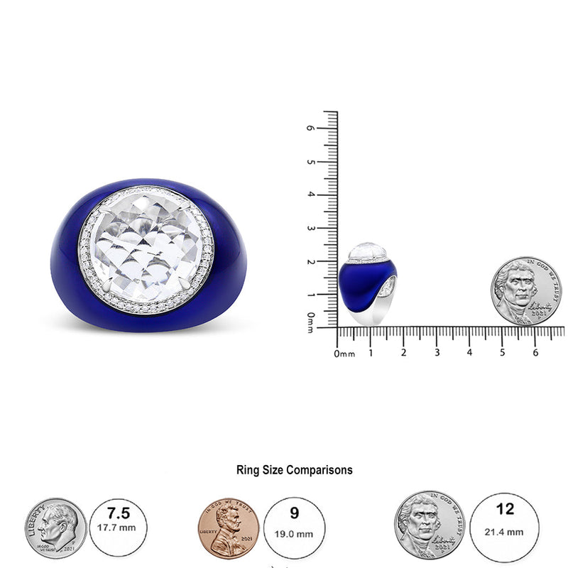 18K White Gold 14mm White Quartz and 1/5 Cttw Diamond Halo With Blue Enamel Dome Ring (F-G Color, VS1-VS2 Clarity) - Rin