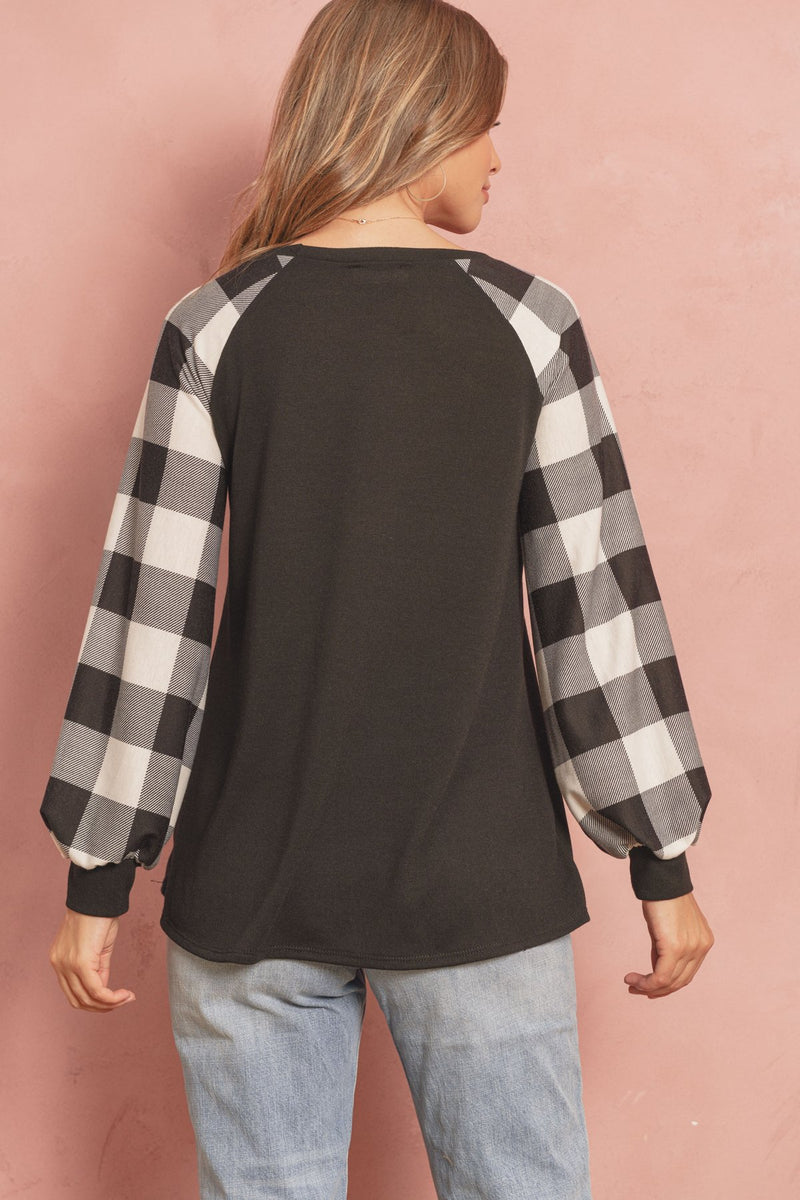 Plaid Puff Sleeved Round Neck Top