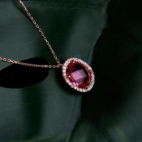 Beatrice Oval Gemstone Pendant Necklace Rose Gold Pink Tourmaline
