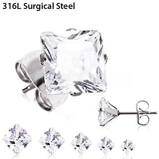 Pair of 316L Surgical Steel Clear Princess Cut CZ Stud Earrings