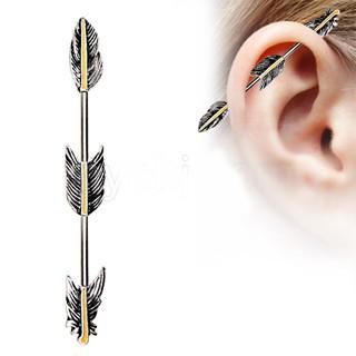 316L Stainless Steel Industrial Barbell With Golden Triple Tier Feathers