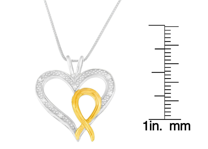 .925 Sterling Silver Two Toned 1/25 Cttw Diamond Heart-Ribbon Pendant Necklace (I-J, I2-I3)