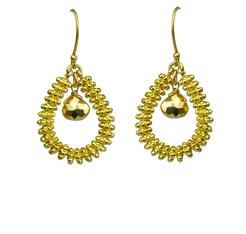 Gold Pyrite Drop Hoop Earrings