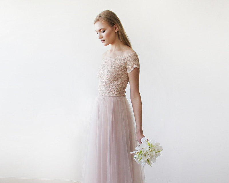 Lace Off-Shoulders Short Sleeves Maxi Blush Tulle Dress 1139