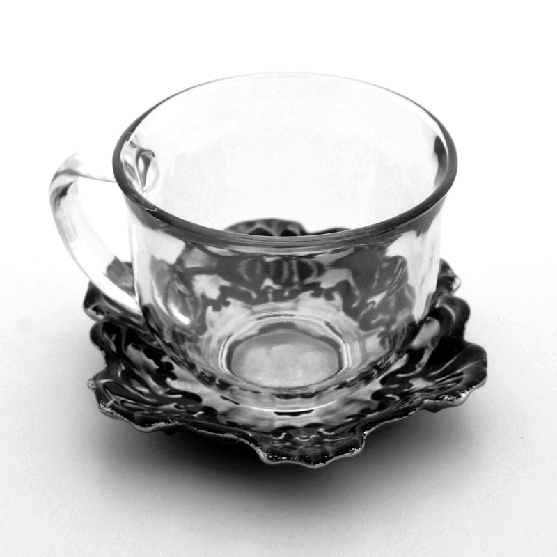 Set/2 LACE 18oz Jumbo Cup and Saucer Black Silver