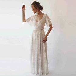 Cape Sleeves Lace Bohemian Wedding Dress, Ivory Nude Color 1232