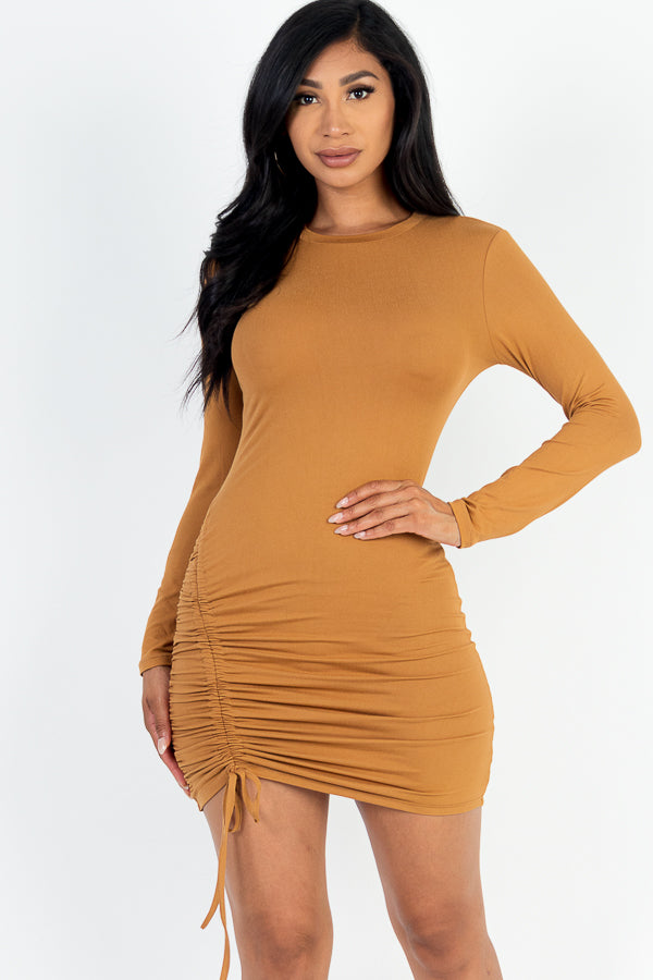 Solid Ruched Drawstring Long Sleeve Bodycon Dress (CAPELLA)