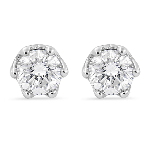 14K White Gold 1/2 Cttw Round Diamond 6 Prong Crown Stud Earrings (I-J Color, I1-I2 Clarity)