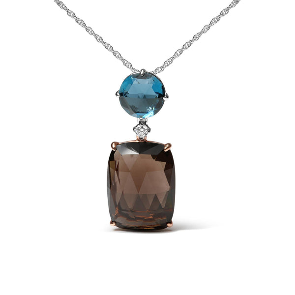 18K Rose and White Gold Diamond Accent and London Blue Topaz and Cushion Cut Smoky Quartz Gemstone Dangle Drop 18" Penda