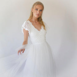 Fairy Ivory Wrap Wedding Dress, Butterfly Sleeves and Puffy Tulle #1293